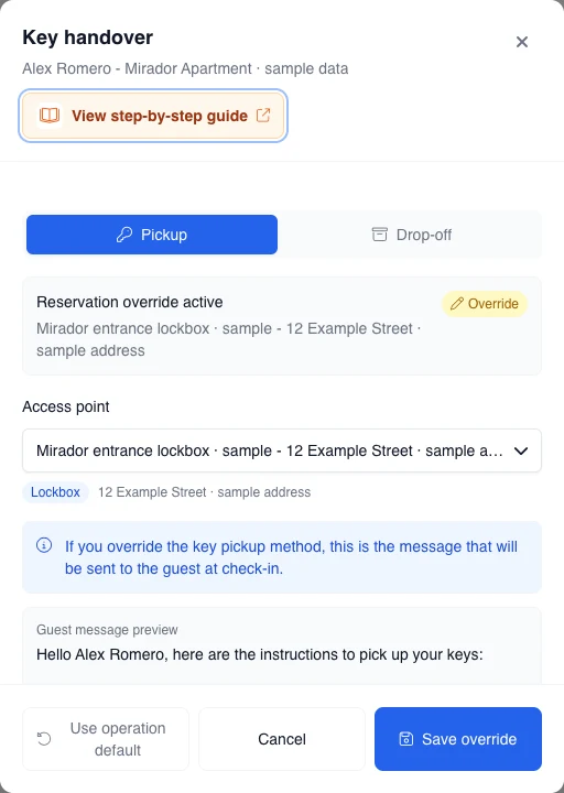 English desktop modal with fictional data for key pickup: active override, selected lockbox, and message preview.