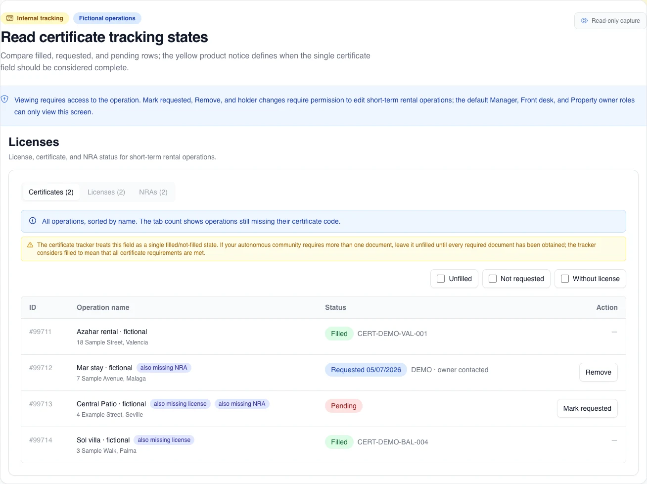Fictional certificate-tracking table with filled, requested, and pending operations, the completeness notice, and inert actions.