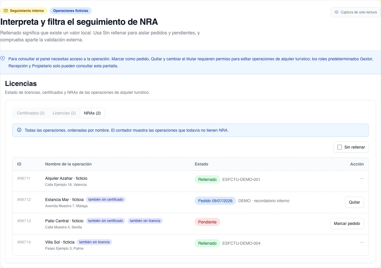 Tabla ficticia de seguimiento de NRA con filtro Sin rellenar, estados locales rellenado, pedido y pendiente, y acciones inertes sin consulta externa.