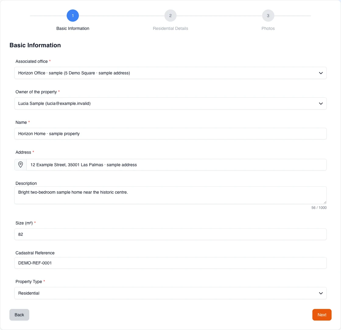Real English manual-create form on the Agency plan with wholly fictional Office, Owner, and property values.