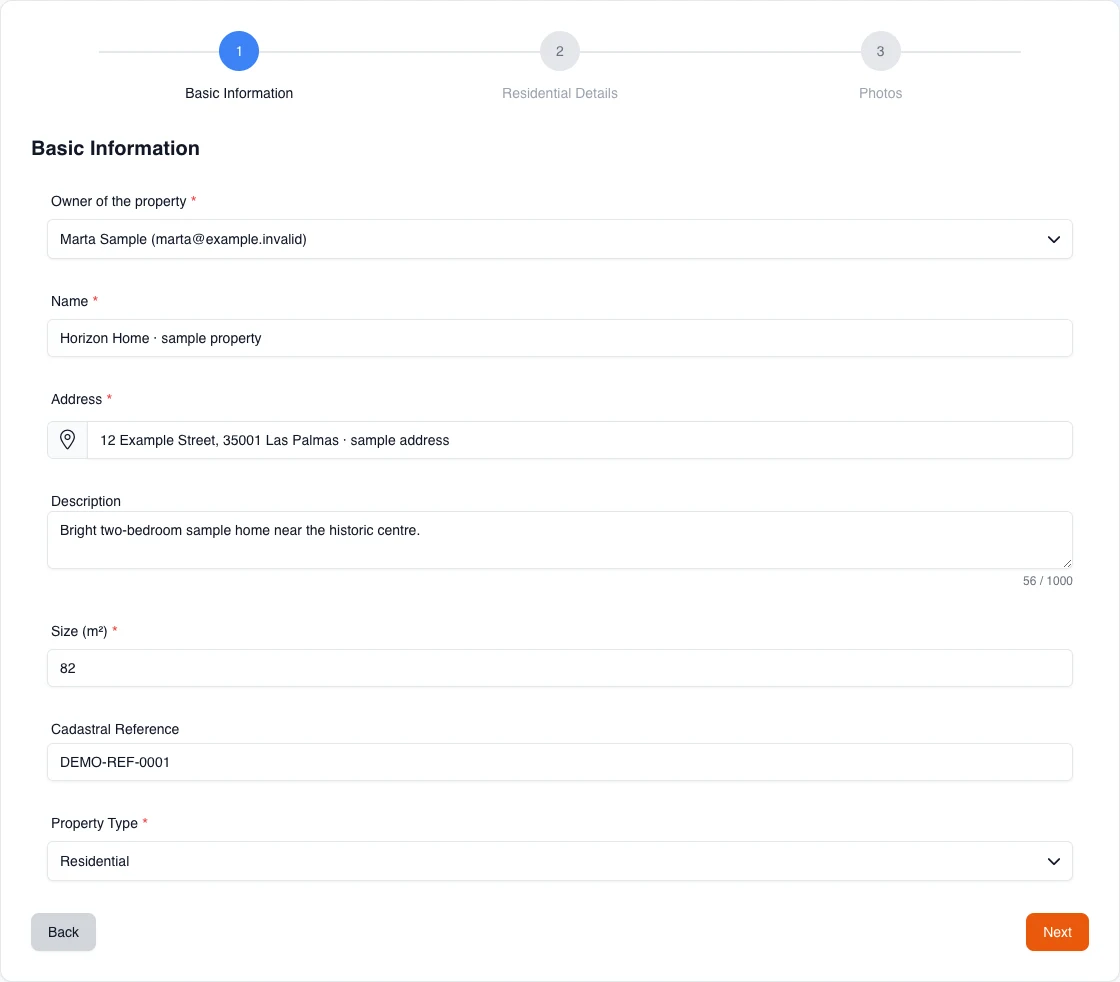 Real English manual-create form on the Owner plan with fictional owner, name, address, and residential-type values.