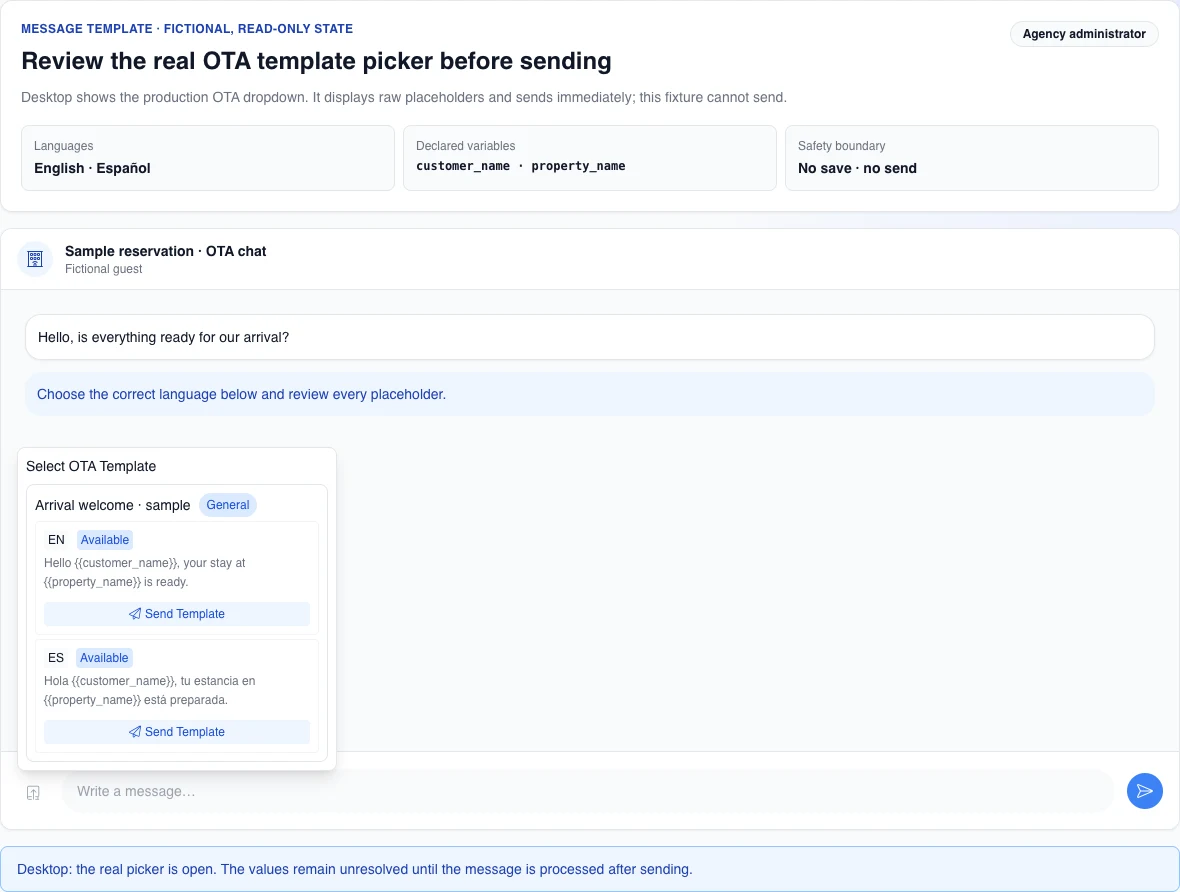 Fictional OTA chat in the English desktop UI with the real picker open, ES and EN variants with raw placeholders, the general category, and Send Template buttons; the sample cannot send.