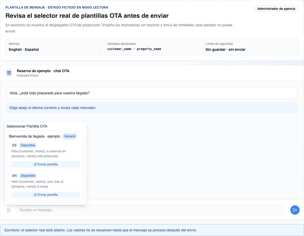 Chat OTA ficticio en escritorio español con el selector real abierto, variantes ES y EN con marcadores sin resolver, categoría general y botones Send Template; el ejemplo no puede enviar.