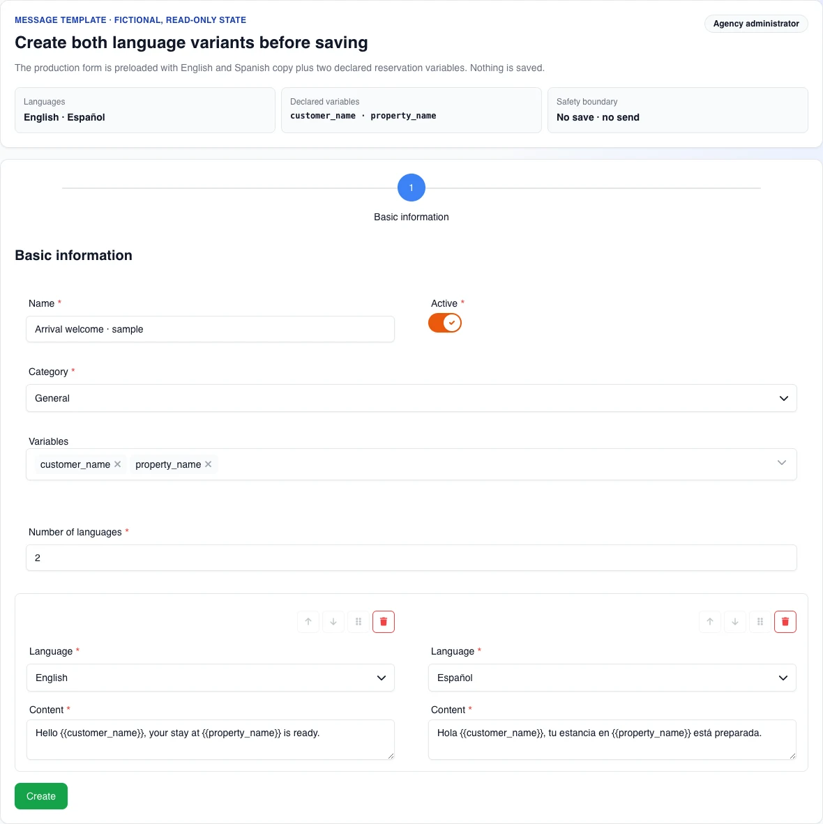 Real English desktop form for creating a fictional template, with the General category, customer_name and property_name declared, and complete English and Spanish variants; nothing is saved.