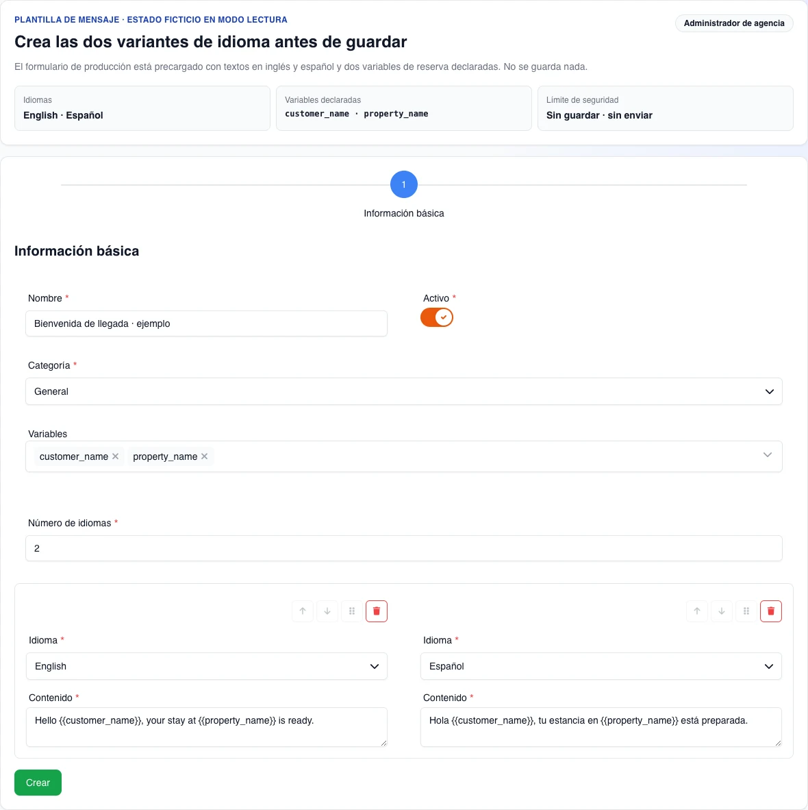 Formulario real de escritorio en español para crear una plantilla ficticia, con categoría General, customer_name y property_name declaradas y variantes completas en inglés y español; no se guarda nada.