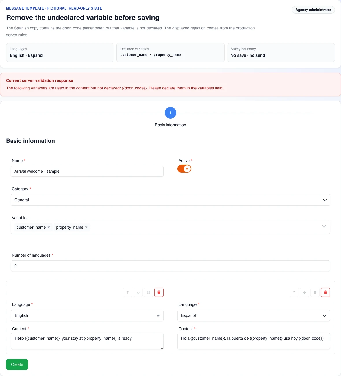 Real English desktop form with the server validation summary: the Spanish variant uses {{door_code}} without declaring it alongside customer_name and property_name.