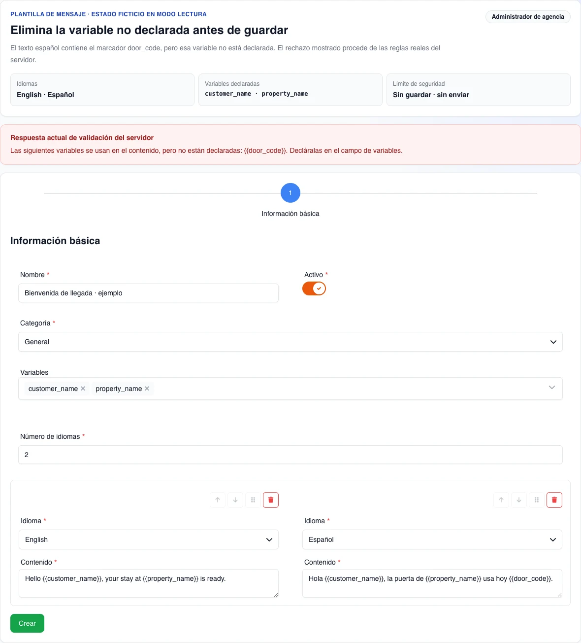 Formulario real de escritorio en español con el resumen de validación del servidor: la variante española utiliza {{door_code}} sin declararla junto a customer_name y property_name.