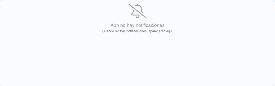 Estado vacío real de la bandeja, sin controles ni tipos específicos de un rol. Antes de concluir que no hay avisos, selecciona Todas y elimina el filtro por tipo.