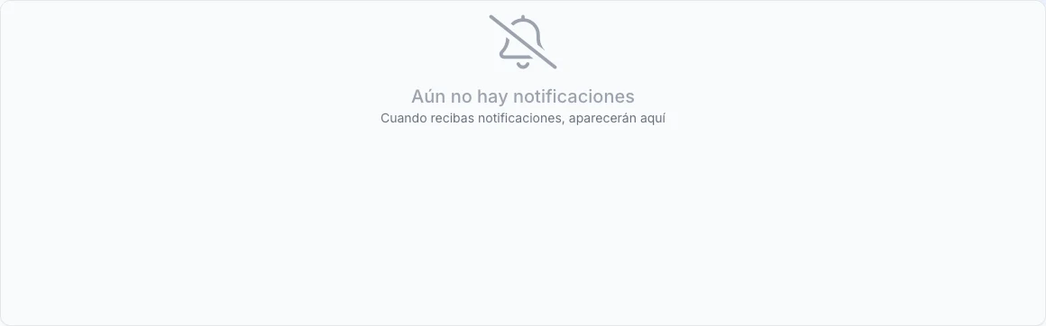 Estado vacío real de la bandeja, sin controles ni tipos específicos de un rol. Antes de concluir que no hay avisos, selecciona Todas y elimina el filtro por tipo.