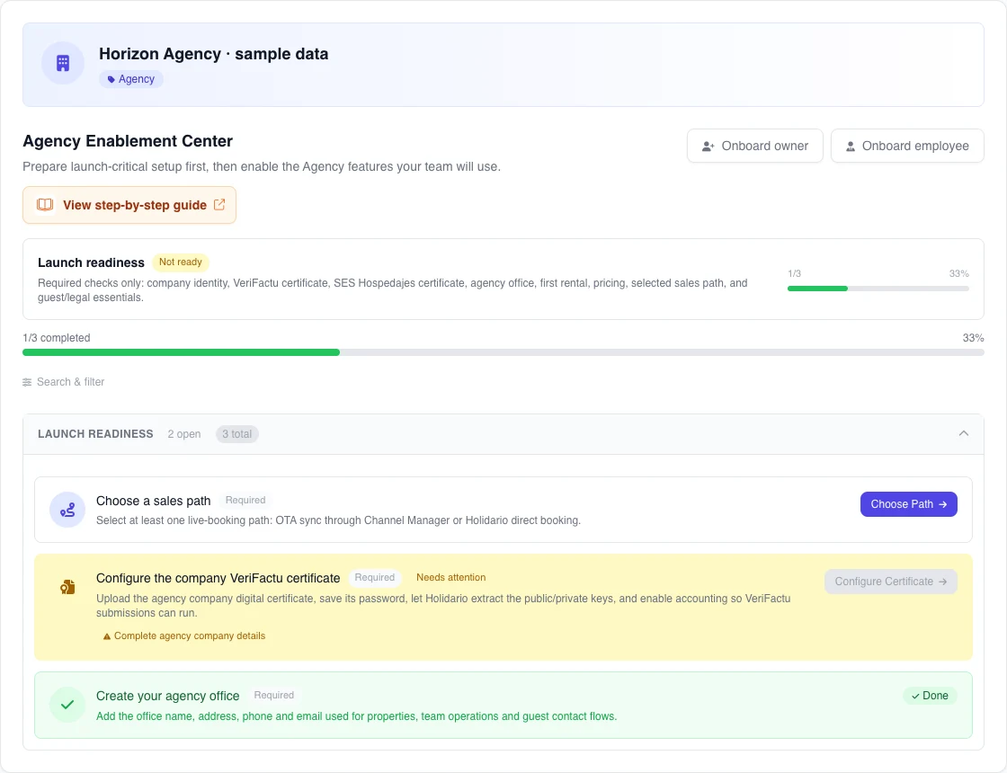 Synthetic English Pending Tasks panel for an agency: one available action, one certificate blocked by a dependency, and one completed office.