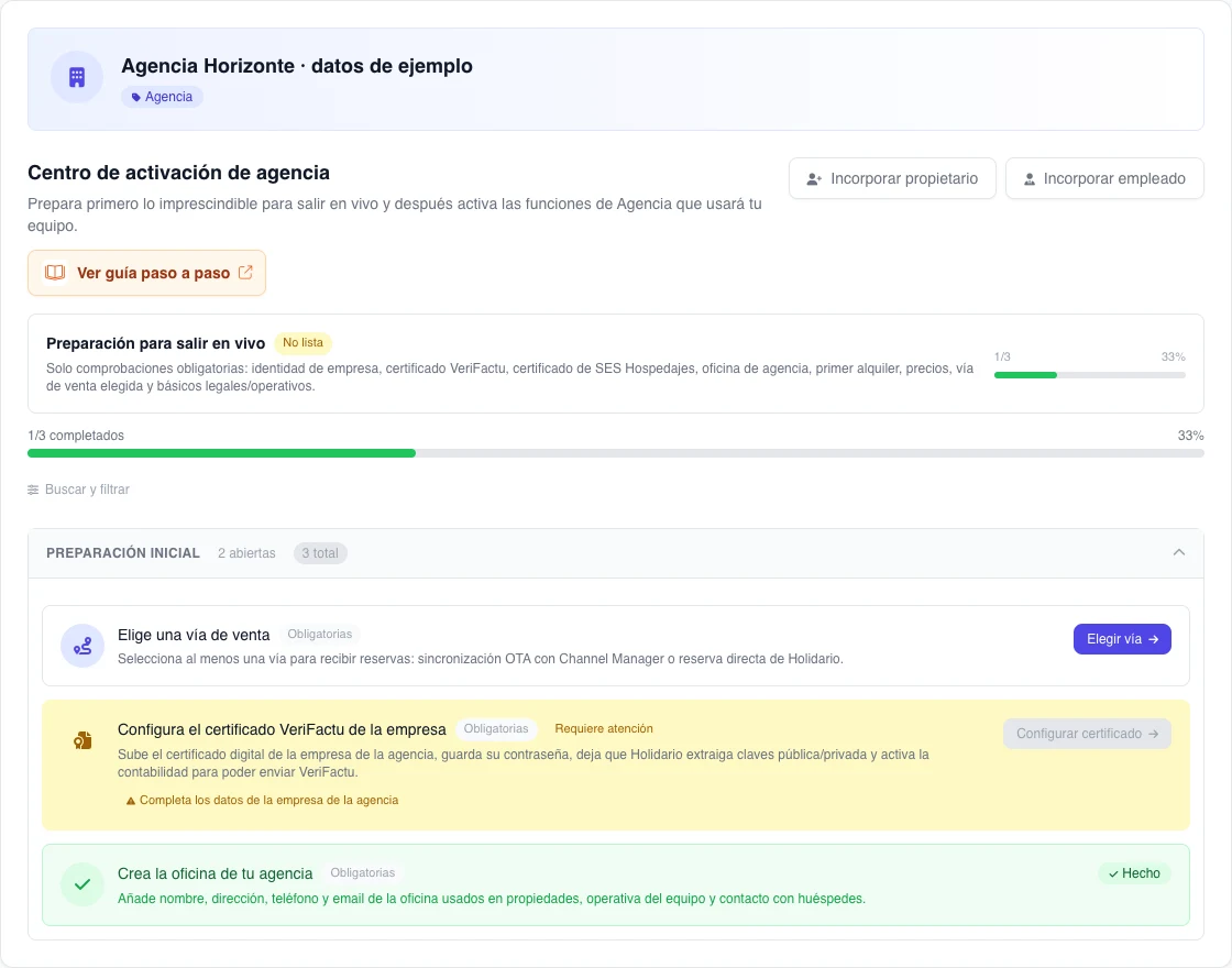 Panel sintético de Tareas Pendientes de una agencia: una acción disponible, un certificado bloqueado por una dependencia y una oficina completada.