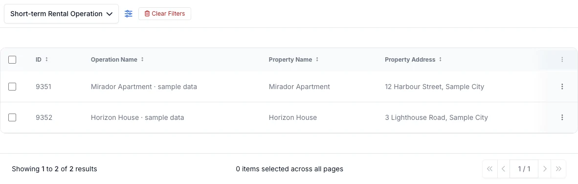 Real English Operations list with Short-term Rental Operation selected by default and two wholly fictional operations, with no selected actions.