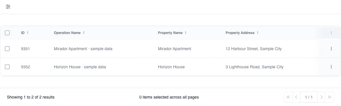 Real English Operations list with two wholly fictional operations: sample operation name, property, and address, with no selected actions.