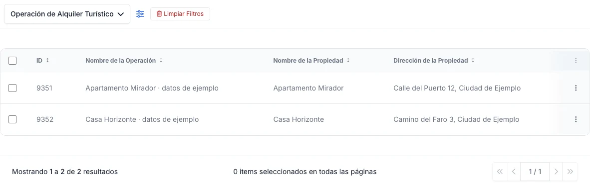 Listado real de Operaciones con Operación de Alquiler Turístico seleccionada por defecto y dos operaciones totalmente ficticias, sin acciones seleccionadas.