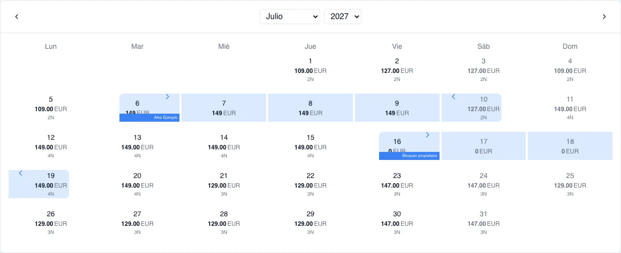 Calendario mensual real en español de una operación ficticia, con precios diarios y estancias mínimas ilustrativas, una reserva de ejemplo y un bloqueo de propietario; los importes no son recomendaciones de mercado.