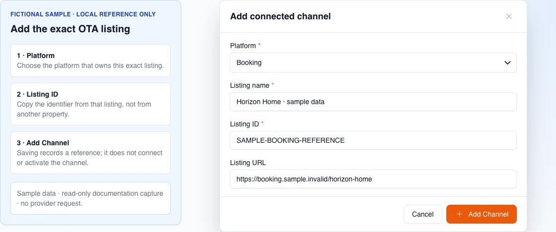 English desktop modal for adding a fictional Booking OTA reference with platform, name, identifier, and URL; it cannot submit.