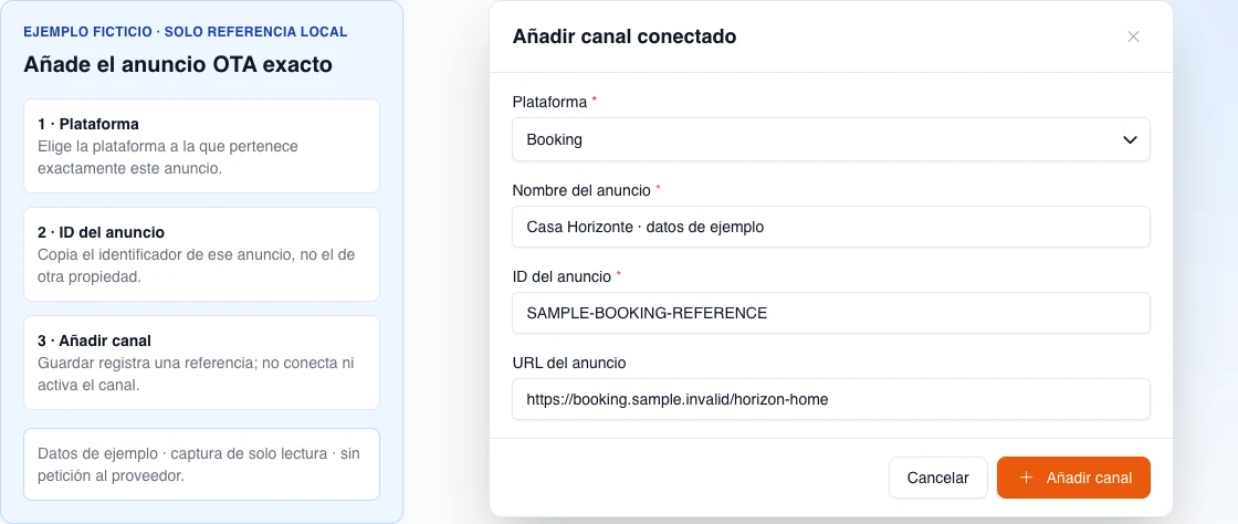 Modal de escritorio en español para añadir una referencia OTA ficticia de Booking con plataforma, nombre, identificador y URL; el formulario no puede enviarse.