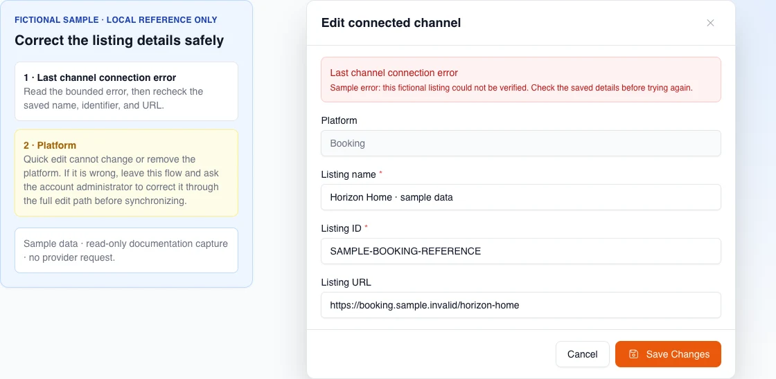 English edit modal with a bounded fictional error, disabled Booking platform, and editable name, ID, and URL fields; nothing is saved.