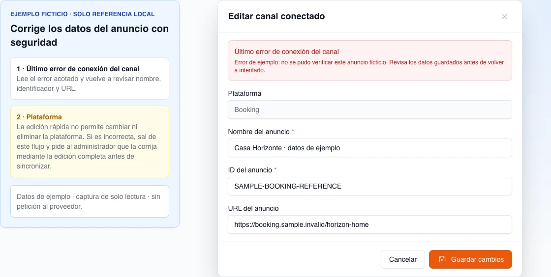 Modal de edición en español con un error ficticio acotado, plataforma Booking deshabilitada y campos de nombre, ID y URL corregibles; no se guarda.