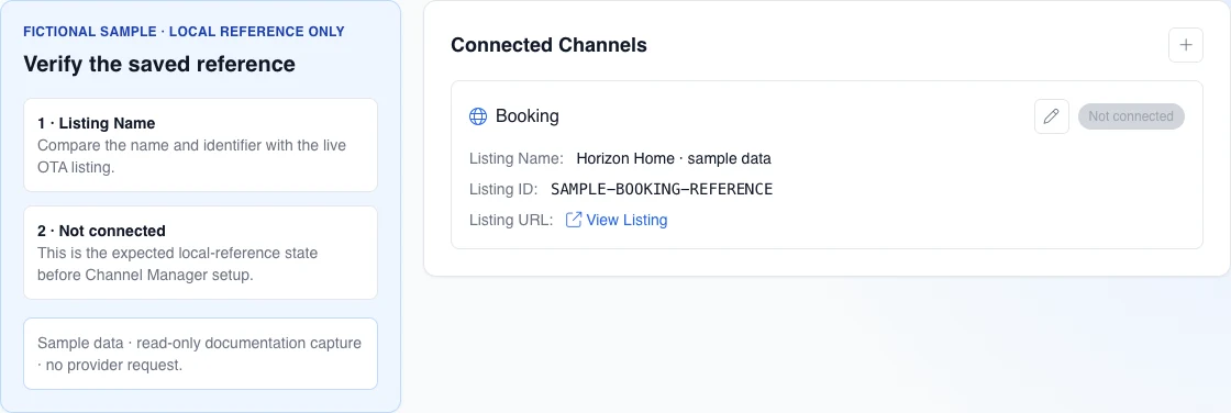 English desktop card for a fictional Booking reference with saved name, ID, and URL plus the local Not connected state.