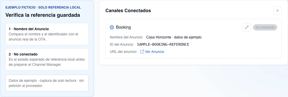 Tarjeta de escritorio en español de una referencia ficticia de Booking con nombre, ID y URL guardados, más el estado local No conectado.