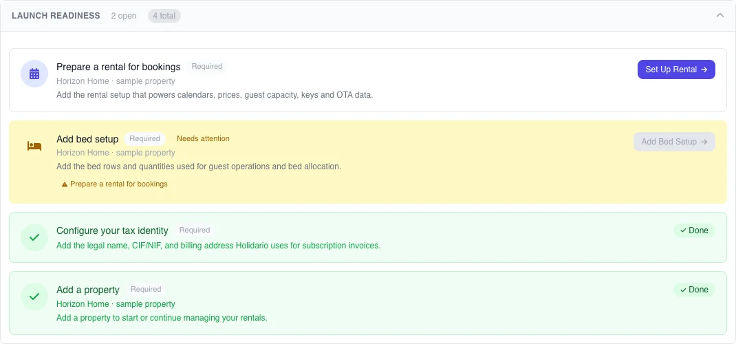 English desktop Pending Tasks list with fictional data for a one-property Owner plan: tax identity and property completed, operation open, and bed setup blocked.