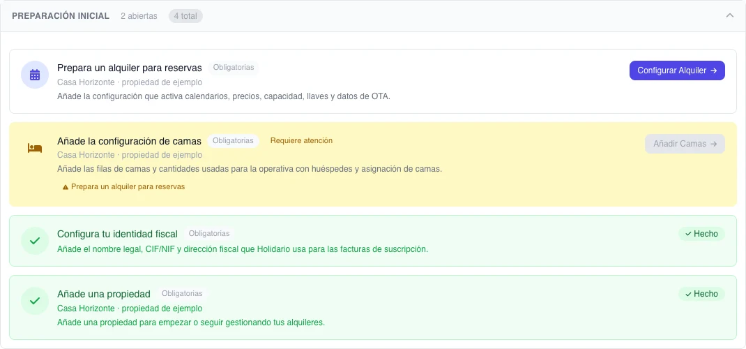 Lista de Tareas pendientes de escritorio con datos ficticios de un plan Propietario y una sola propiedad: identidad fiscal y propiedad completadas, operación abierta y camas bloqueadas por esa dependencia.