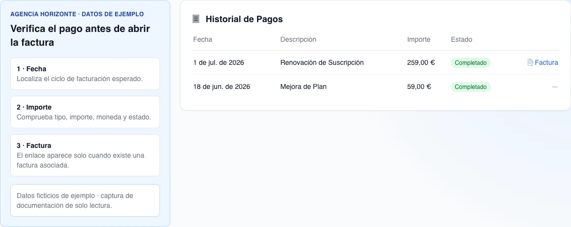 Reconstrucción en español del historial con dos pagos ficticios; solo el pago con factura asociada muestra el enlace.