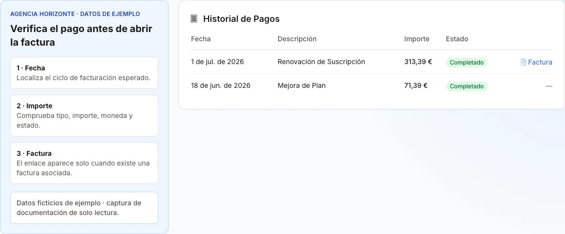 Reconstrucción en español del historial con dos pagos ficticios; solo el pago con factura asociada muestra el enlace.