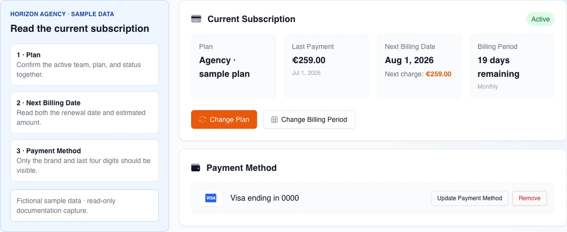 English billing-summary reconstruction with a fictional team, plan, amounts, and card; no action is active.