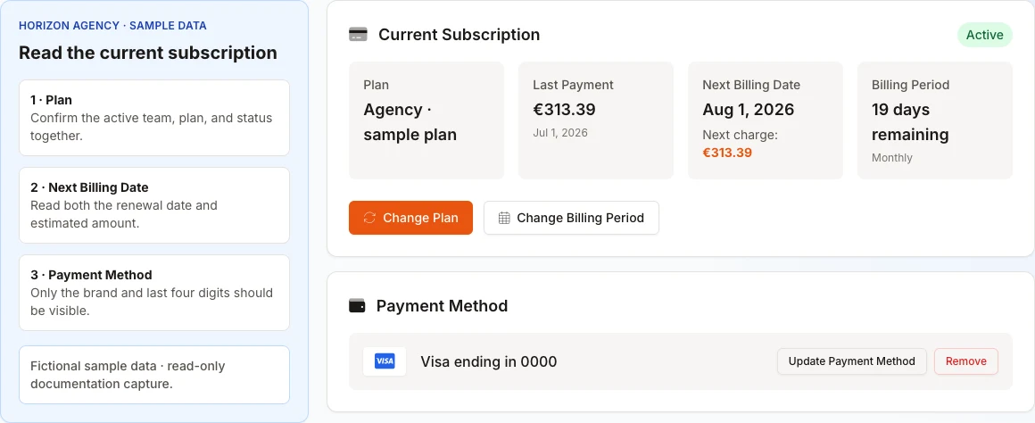 English billing-summary reconstruction with a fictional team, plan, amounts, and card; no action is active.