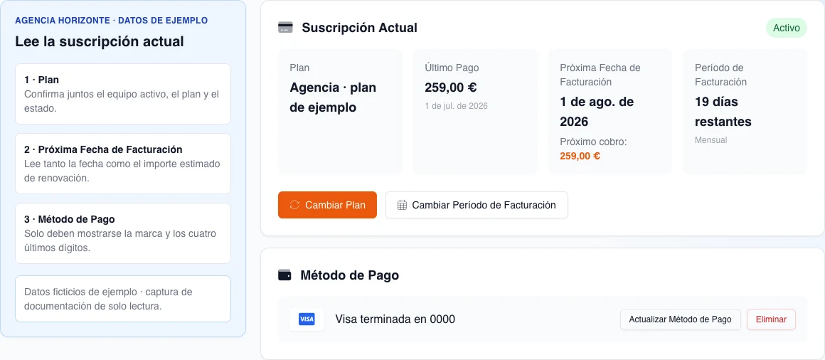 Reconstrucción en español del resumen de facturación con un equipo, plan, importes y tarjeta ficticios; las acciones están inertes.