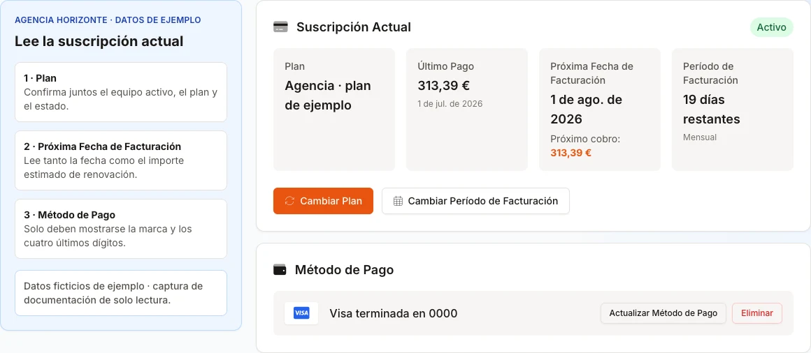 Reconstrucción en español del resumen de facturación con un equipo, plan, importes y tarjeta ficticios; las acciones están inertes.