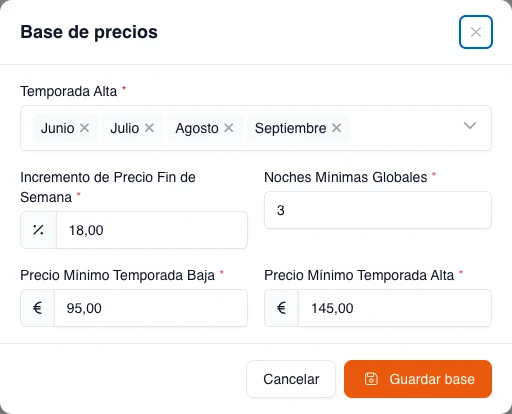 Modal de escritorio con una base de precios ficticia e ilustrativa: junio a septiembre, 18 % de incremento de fin de semana, 3 noches y mínimos de 95 € y 145 €; no son recomendaciones de mercado.
