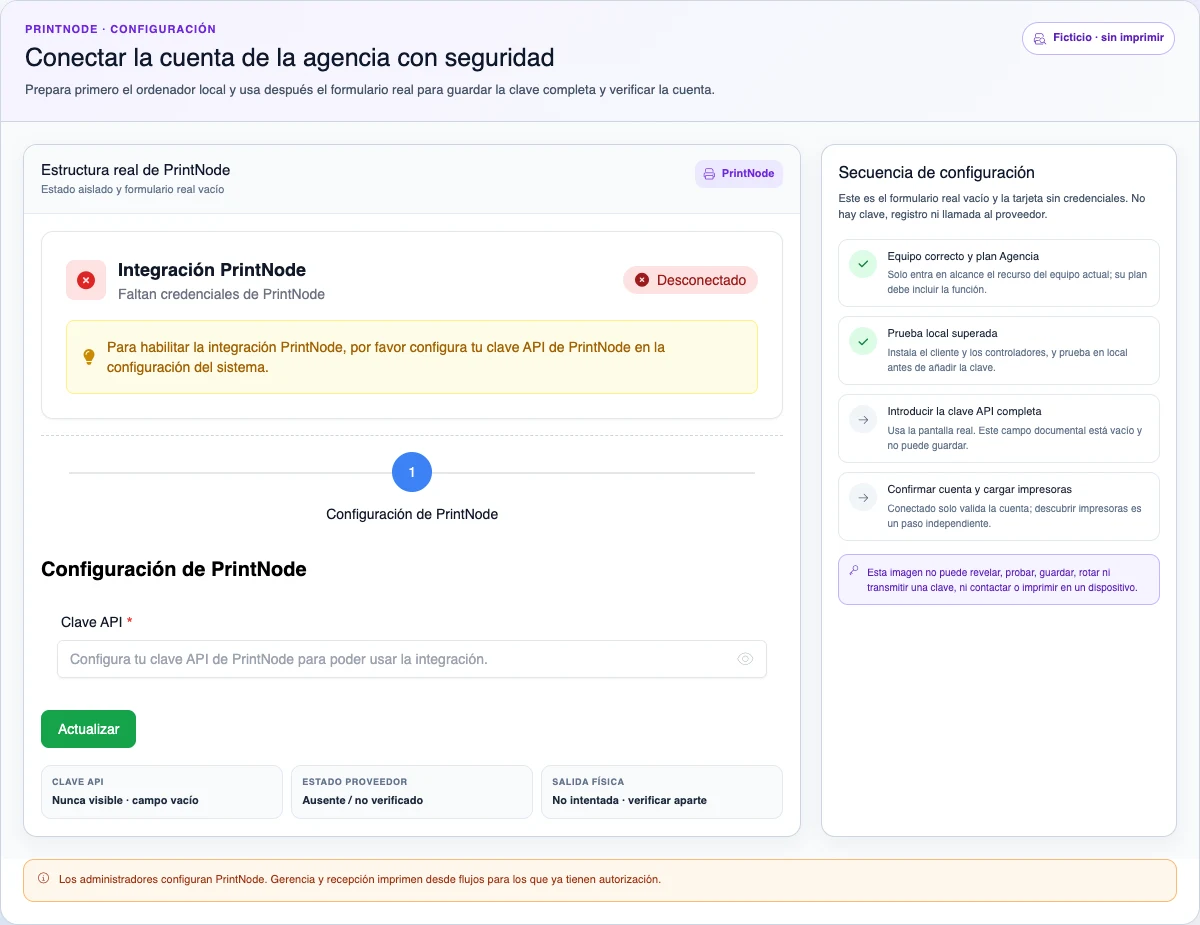 Configuración de escritorio de PrintNode en español con el estado desconectado, el formulario real vacío y la secuencia segura para conectar la cuenta de la agencia.