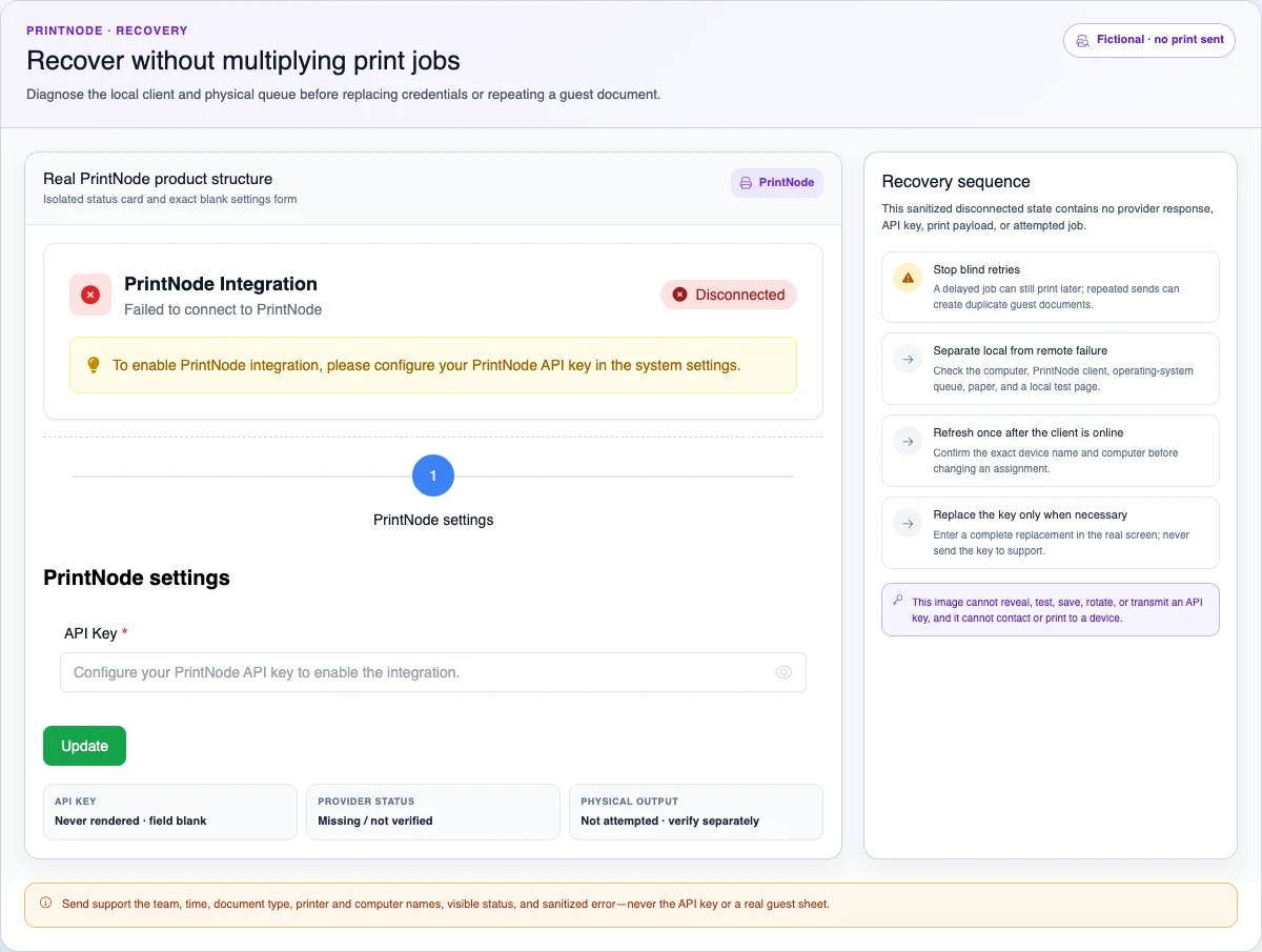 English PrintNode recovery state with a sanitized fictional failure, the real blank form, and a sequence that avoids duplicate print jobs.