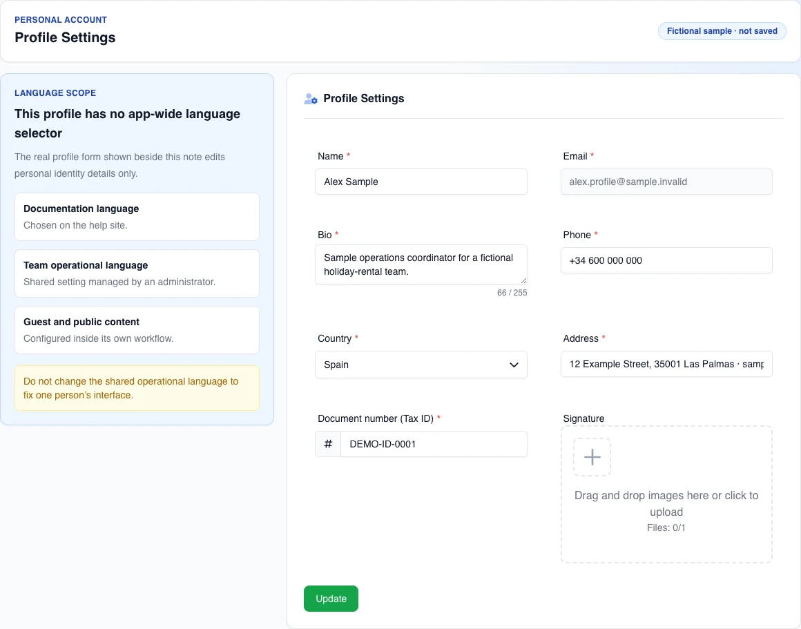 Real English profile form beside documentation guidance separating help language, operational language, and guest content.