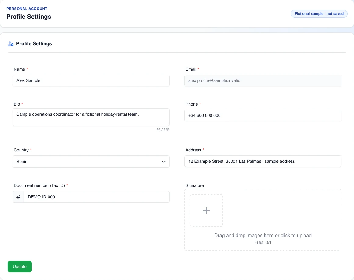 Real English Profile Settings form with fictional identity and contact details, read-only email, and empty signature; nothing is saved.