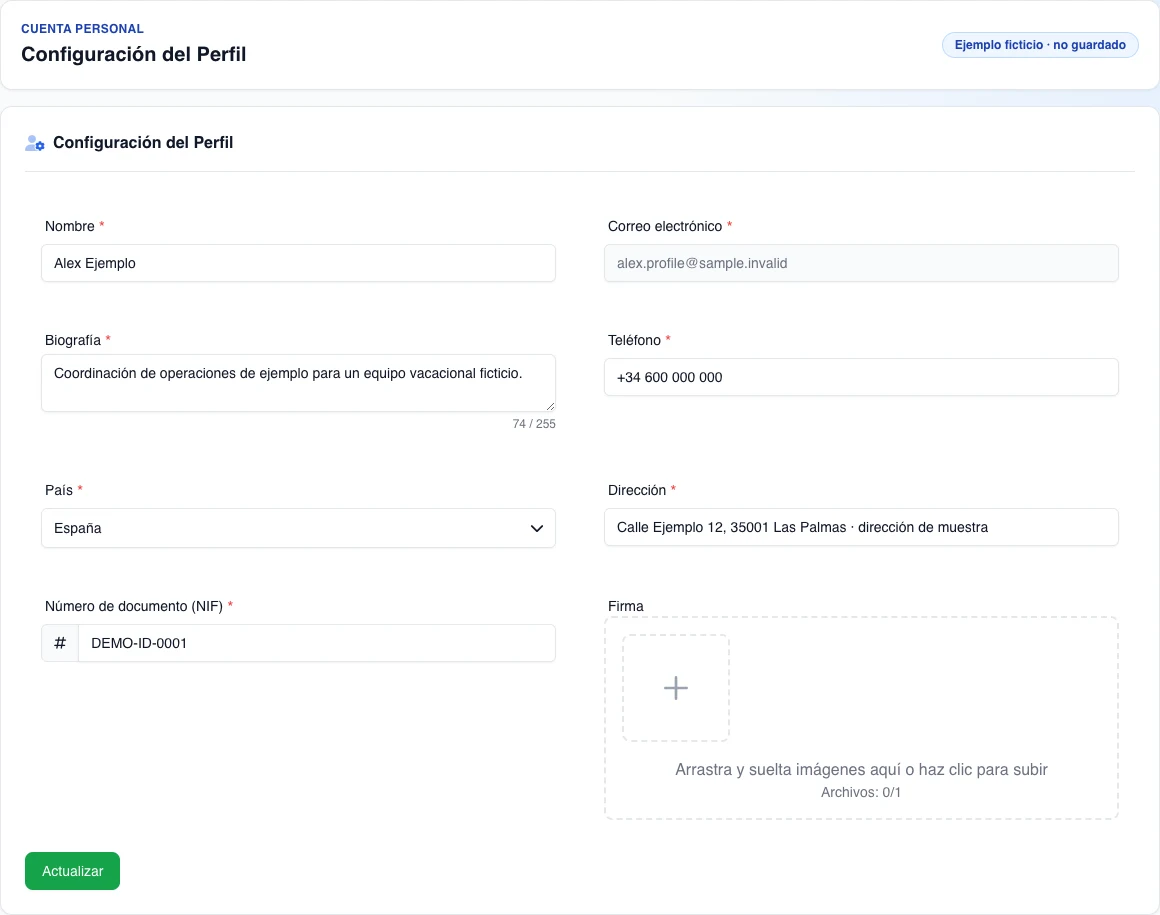 Formulario real de Configuración del Perfil con identidad y contacto totalmente ficticios, correo de solo lectura y firma vacía; no se guarda.
