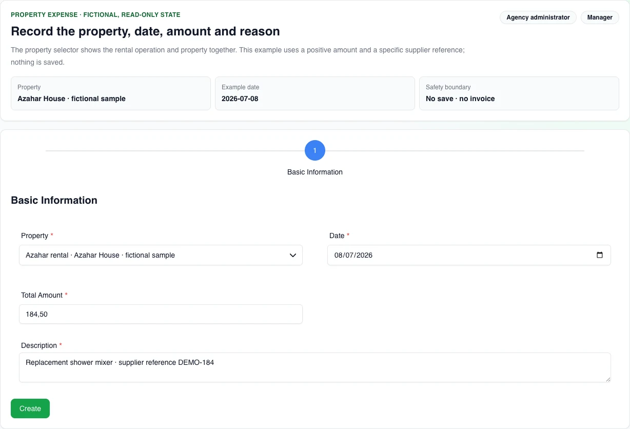 Real English desktop form for creating an expense: fictional property selected, date 08/07/2026, locale-neutral sample amount 184, and DEMO-184 reference; the surface is disabled and saves nothing.