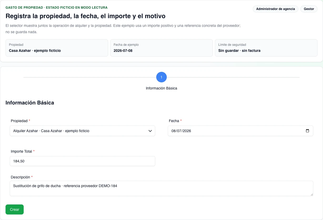 Formulario real de escritorio en español para crear un gasto: propiedad ficticia seleccionada, fecha 08/07/2026, importe entero de ejemplo 184 y referencia DEMO-184; la superficie está desactivada y no guarda nada.
