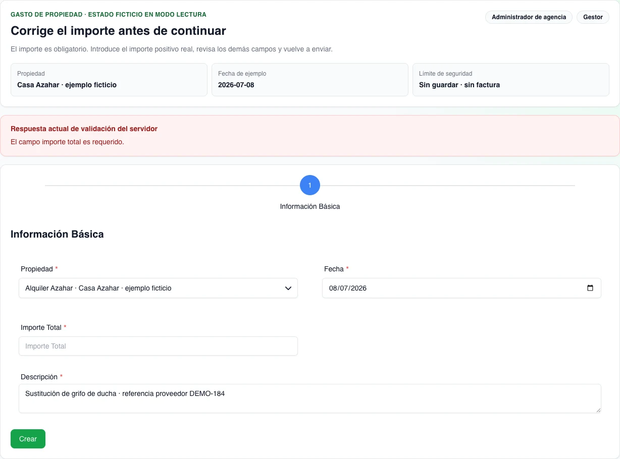 Formulario real de escritorio en español tras rechazar un importe textual: el resumen rojo del servidor está visible y el control numérico Importe Total queda vacío para introducir un valor válido.