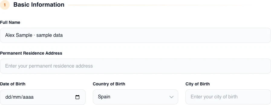 Real English Basic Information section reviewed by the agency, with a fictional name, country, and pending fields visible.