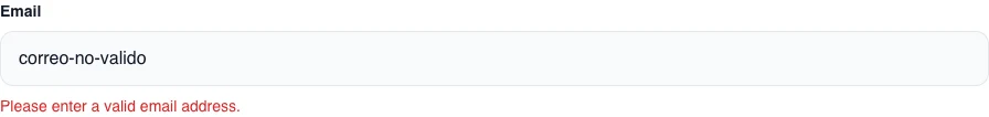 Real English public-form email field with a fictional invalid value and its validation message, without submitting data.