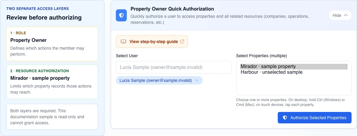 Real English quick authorization with a fictional owner and only Mirador Apartment selected before access is granted; the action is disabled.