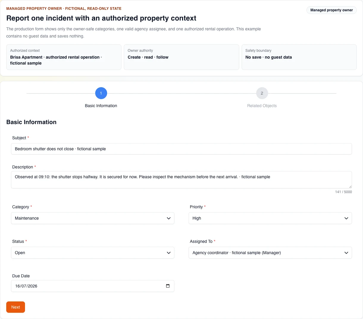 Real English desktop ticket form for a managed property owner: fictional subject and description, Maintenance, High priority, agency assignee, and one authorized operation; nothing is submitted or saved.