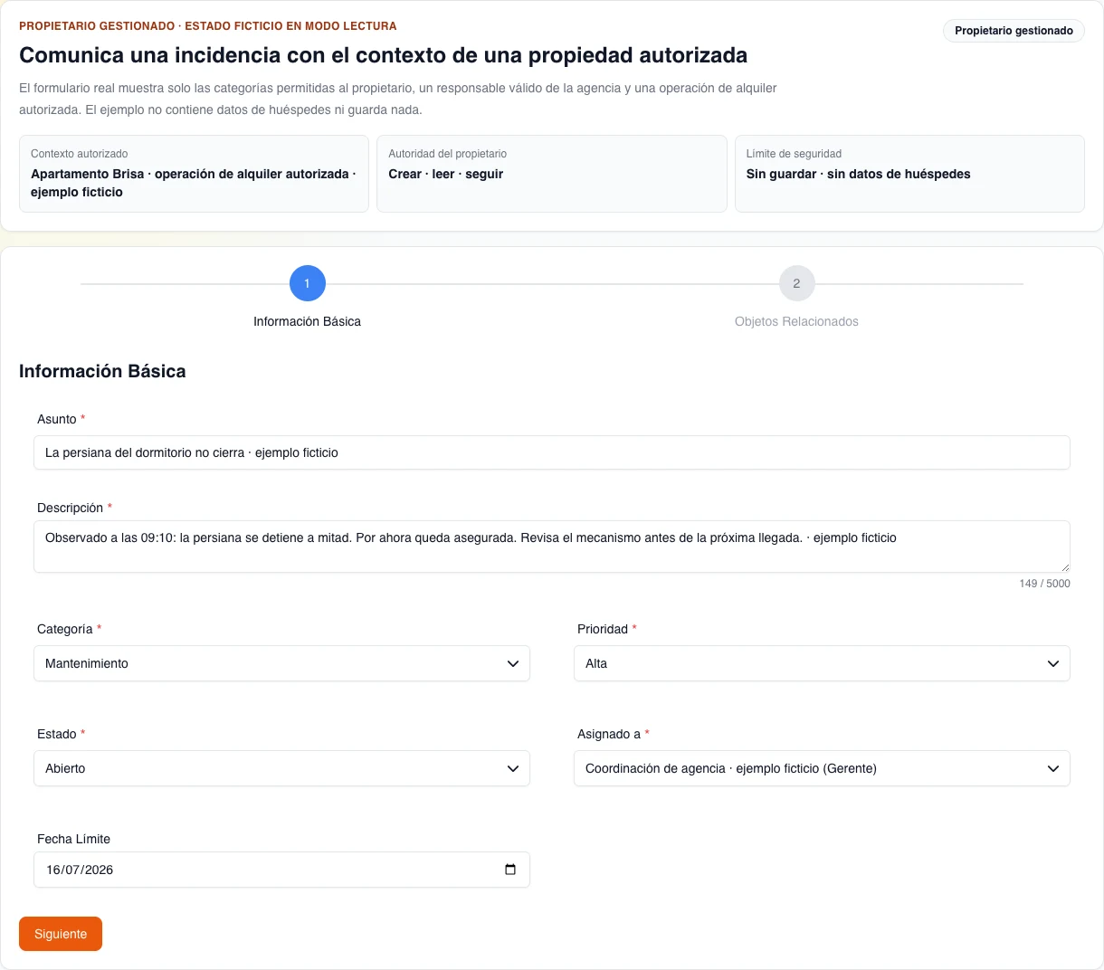 Formulario real de ticket en español para un propietario gestionado: asunto y descripción ficticios, categoría Mantenimiento, prioridad Alta, responsable de agencia y una operación autorizada; no se envía ni guarda nada.