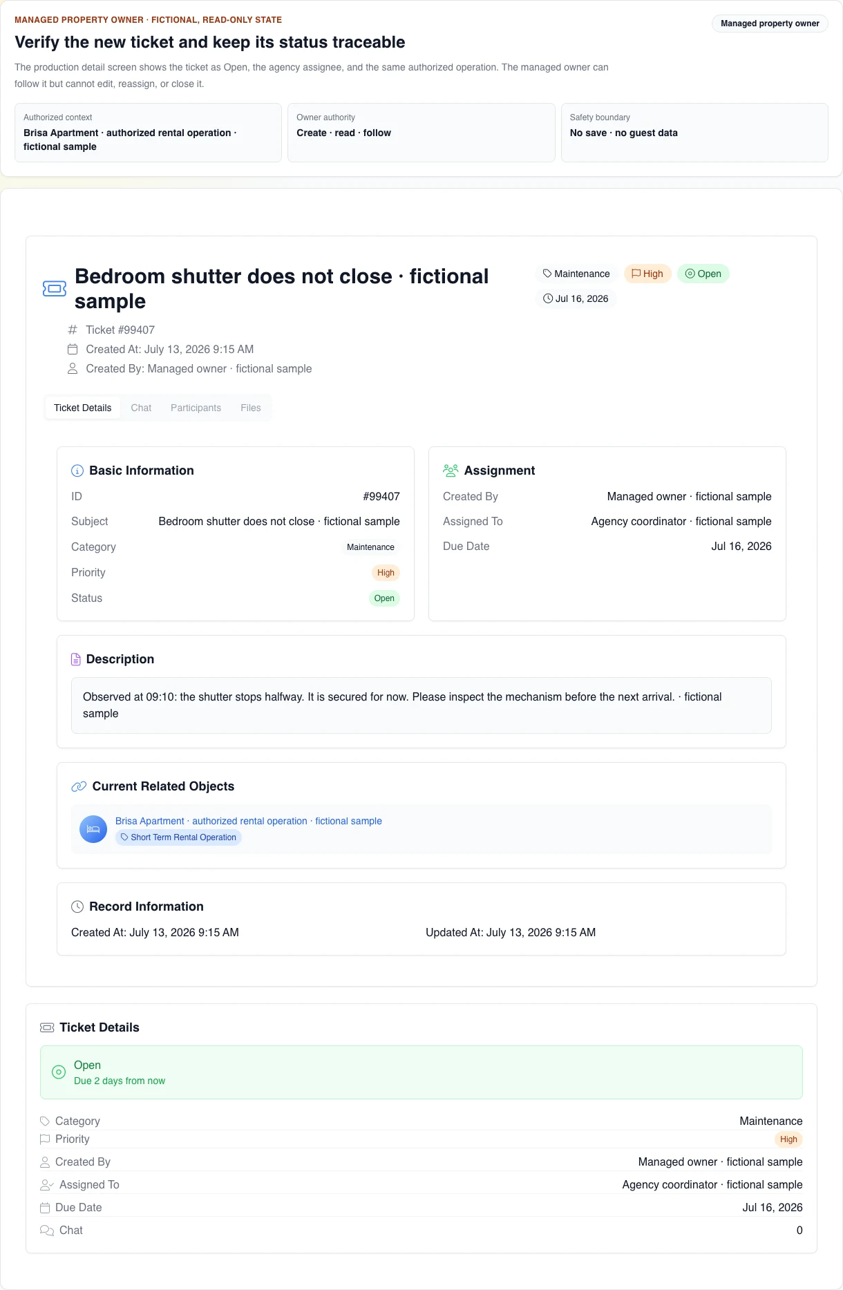 Real English desktop detail for the fictional Open ticket: property-owner creator, agency assignee, and one authorized operation, without controls to edit, reassign, or change status.
