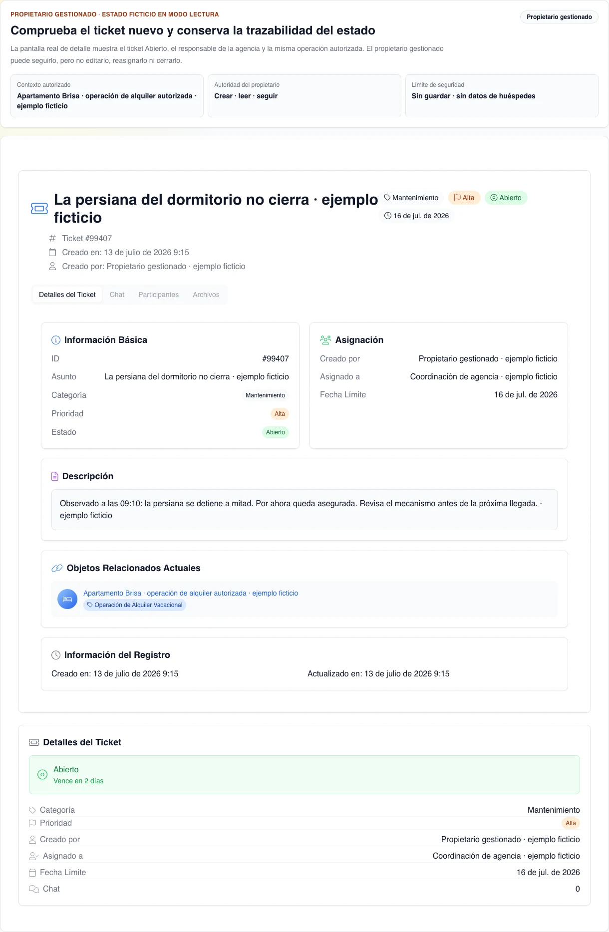 Detalle real de escritorio en español del ticket ficticio abierto: creador propietario, responsable de agencia y una operación autorizada, sin controles para editar, reasignar o cambiar el estado.