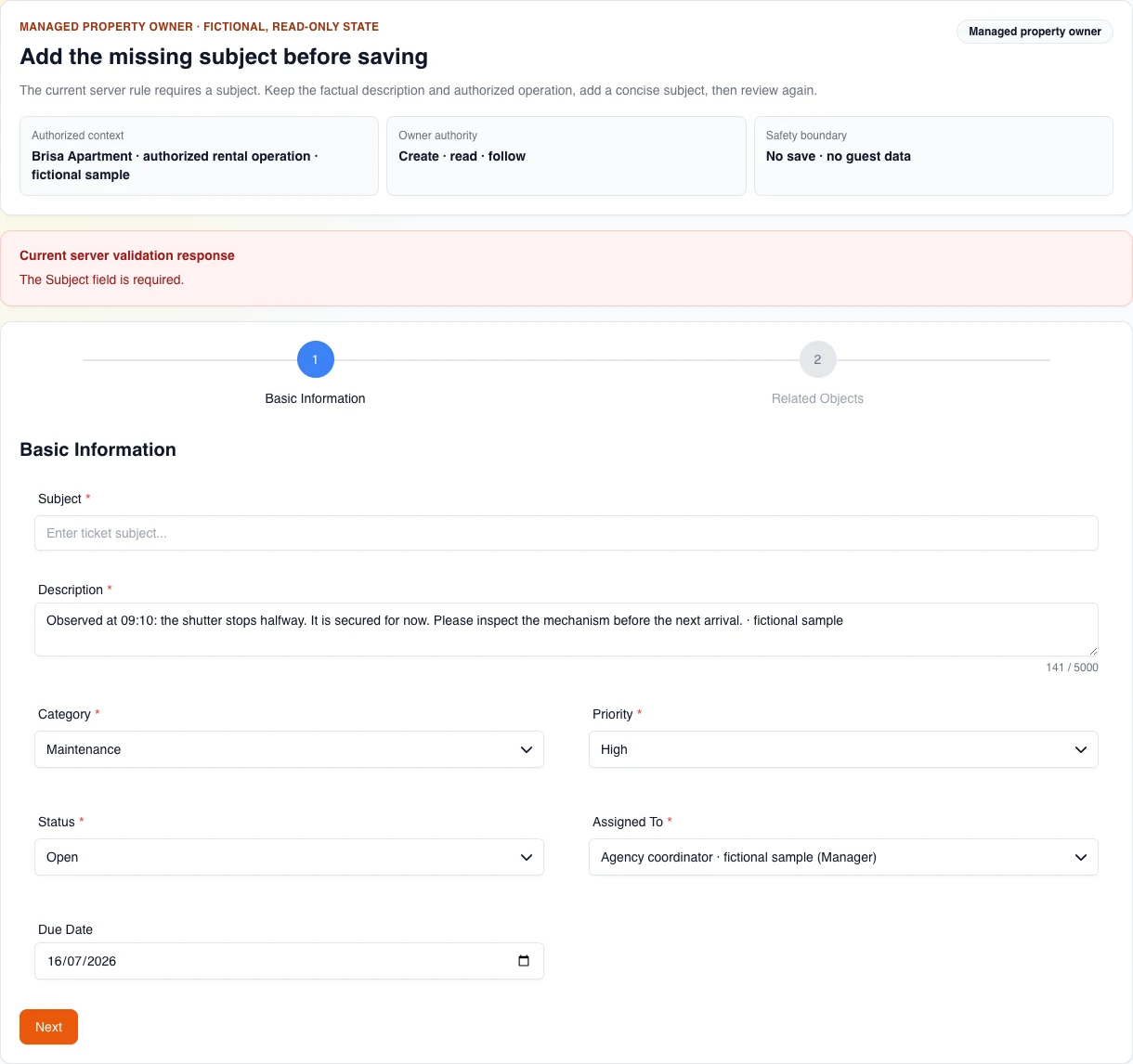 Real English desktop form with an empty subject and the current response “The subject field is required.”; it retains the authorized fictional context without submitting or saving.